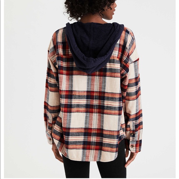 American Eagle Plaid Hooded Button Up 